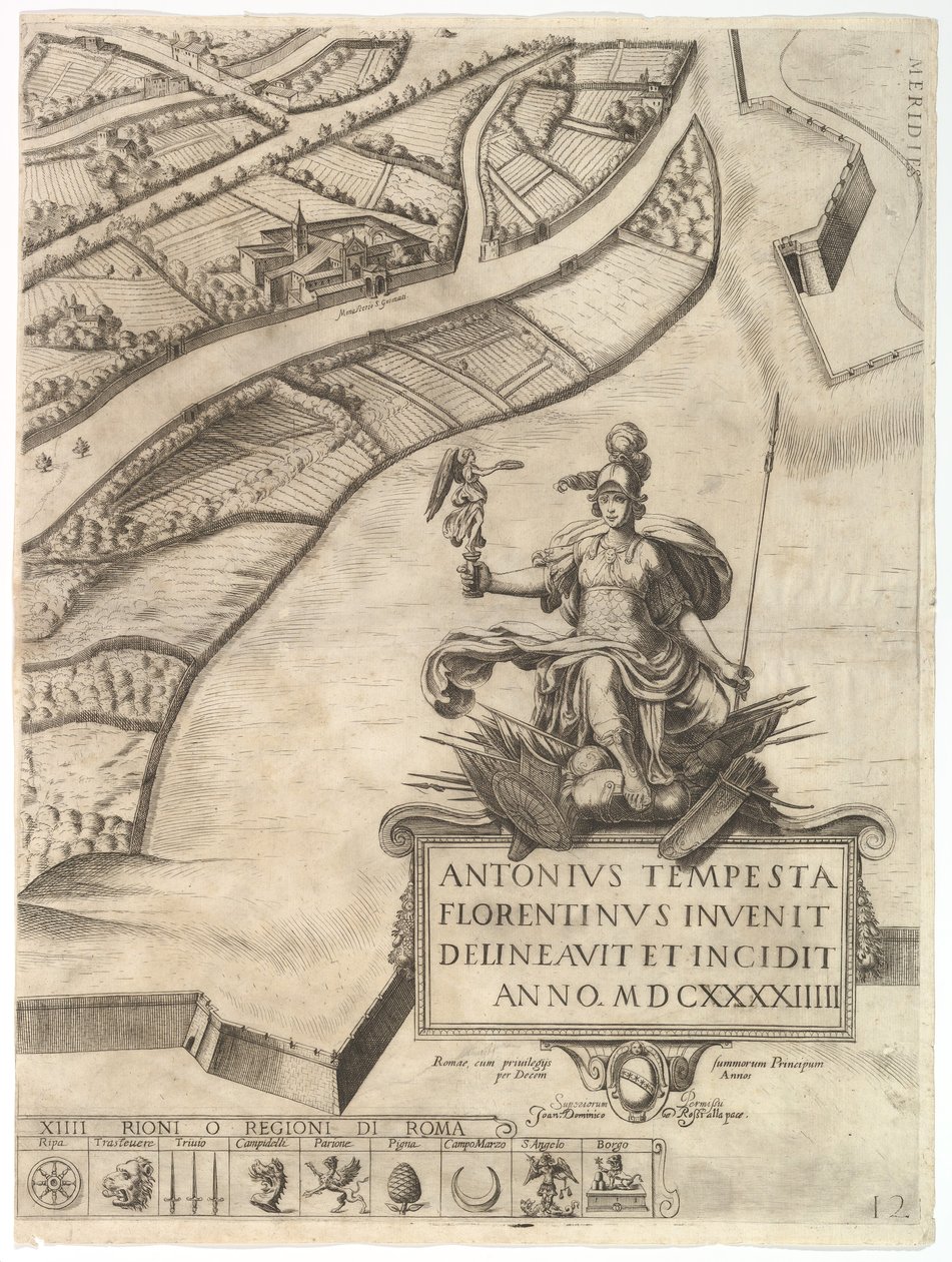 Plan miasta Rzymu. Część 12 z południowo-zachodnią granicą miasta i dużym samochodem..., 1645. autorstwa Antonio Tempesta