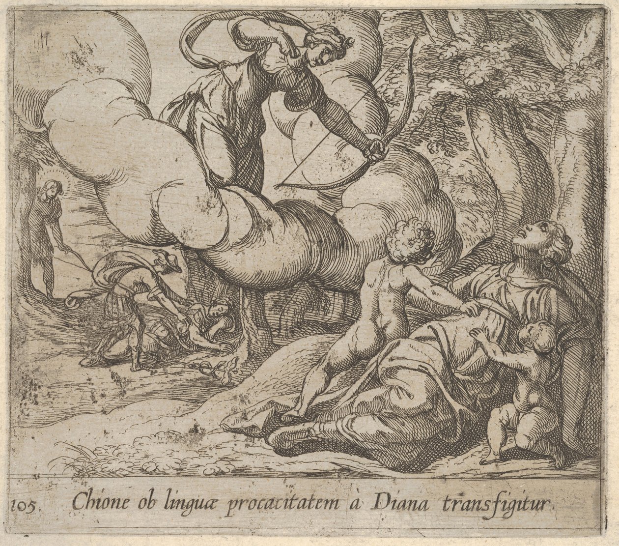Obrazek 105: Diana kierująca swój łuk w kierunku Chione, której towarzyszy dwoje dzieci, w anot..., 1606. autorstwa Antonio Tempesta