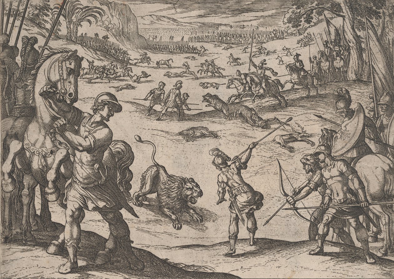 Płyta 11: Polowanie na lwa Aleksandra, z Czynów Aleksandra Wielkiego, 1608., autorstwa Antonio Tempesta