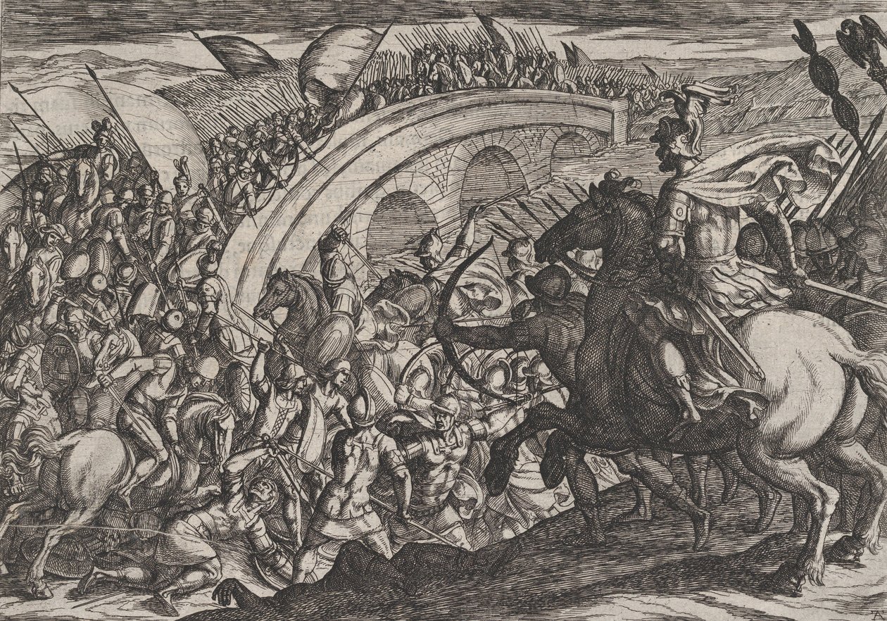 Ilustracja 11: Wojska Cywilów przekraczające rzekę Mozę, z filmu Wojna Rzymian przeciwko…, 1611. autorstwa Antonio Tempesta