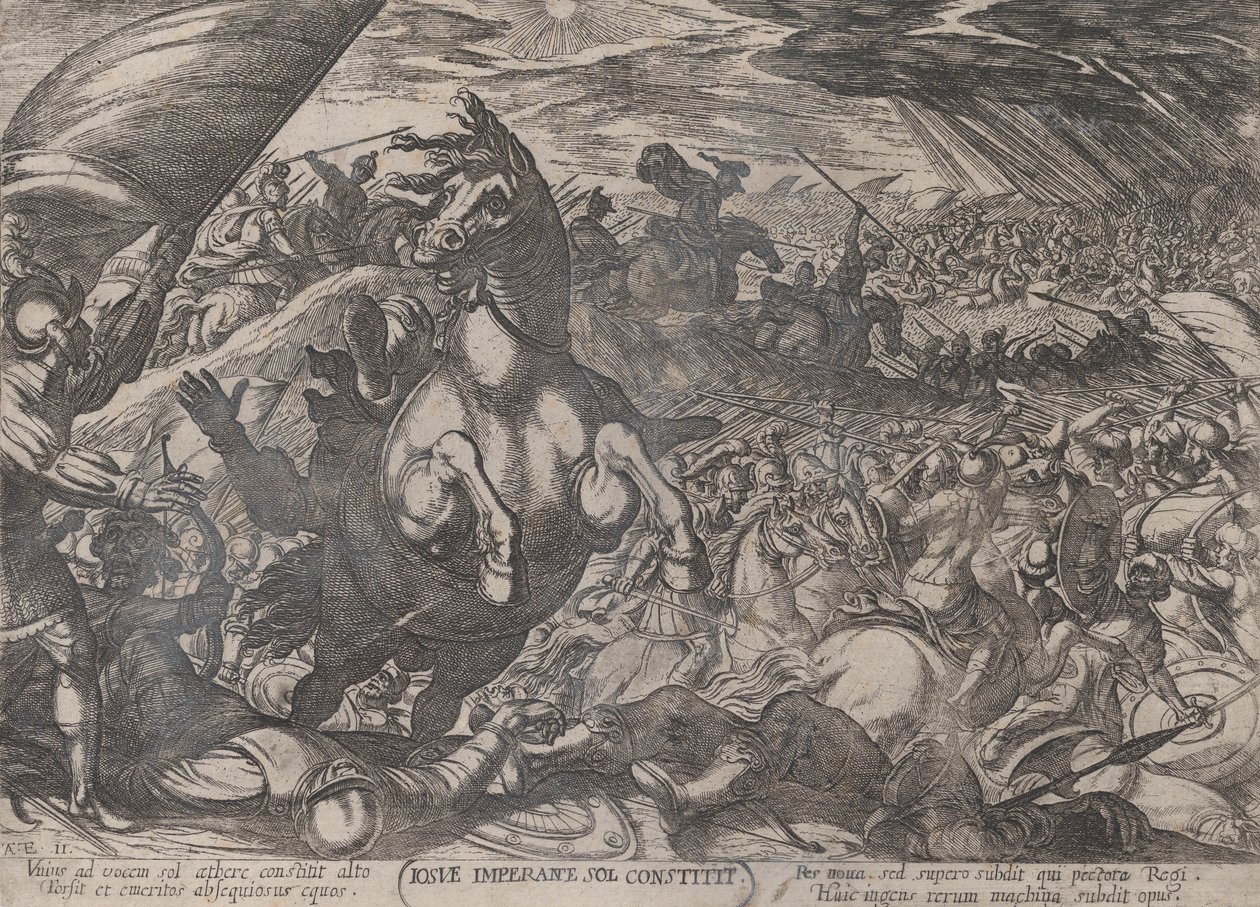 Tablica 11: Jozue rozkazuje Słońcu stać w miejscu, z „Bitwy Ol..., ca. 1590-ok. 1610. autorstwa Antonio Tempesta