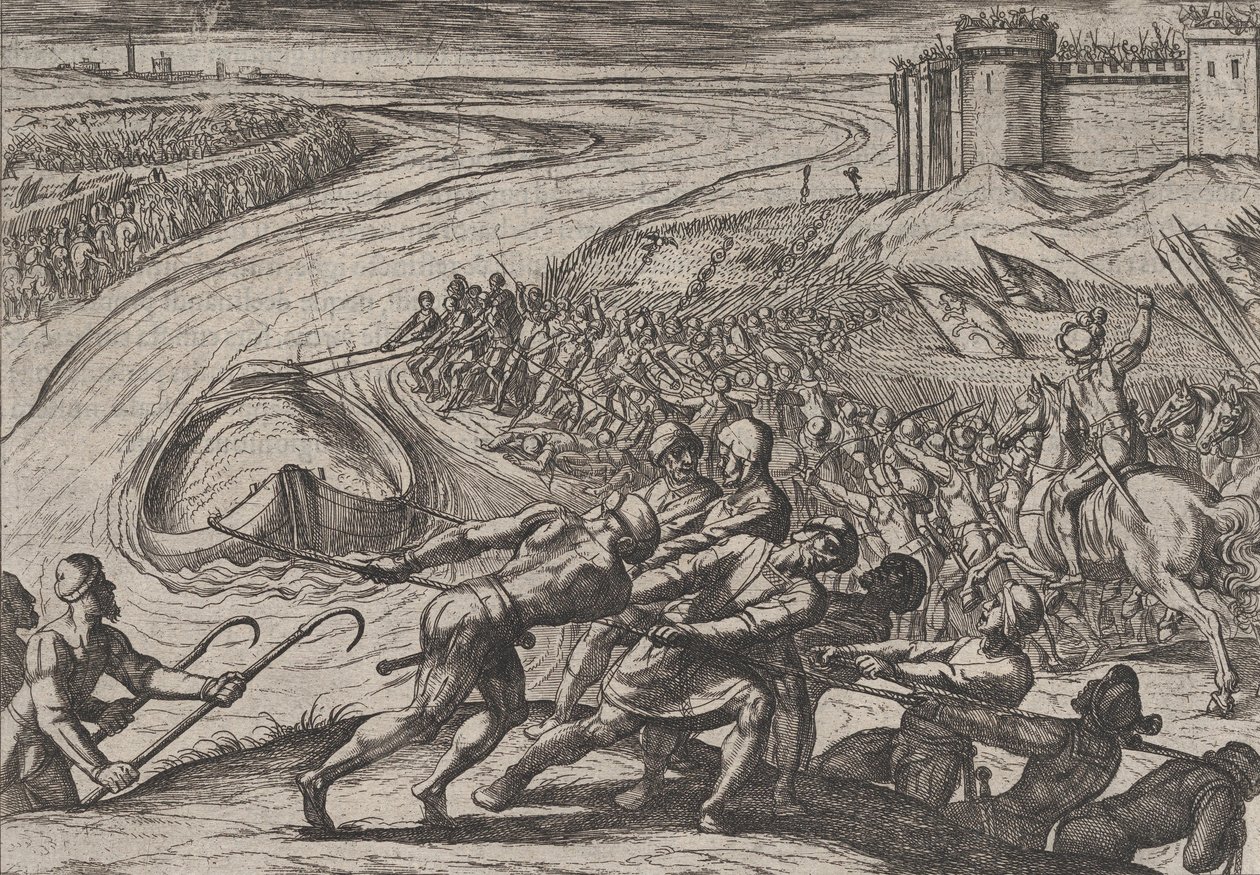 Płyta 12: Ciągnięcie naczynia załadowanego zbożem na brzeg, z filmu Wojna Rzymian przeciwko…, 1611. autorstwa Antonio Tempesta