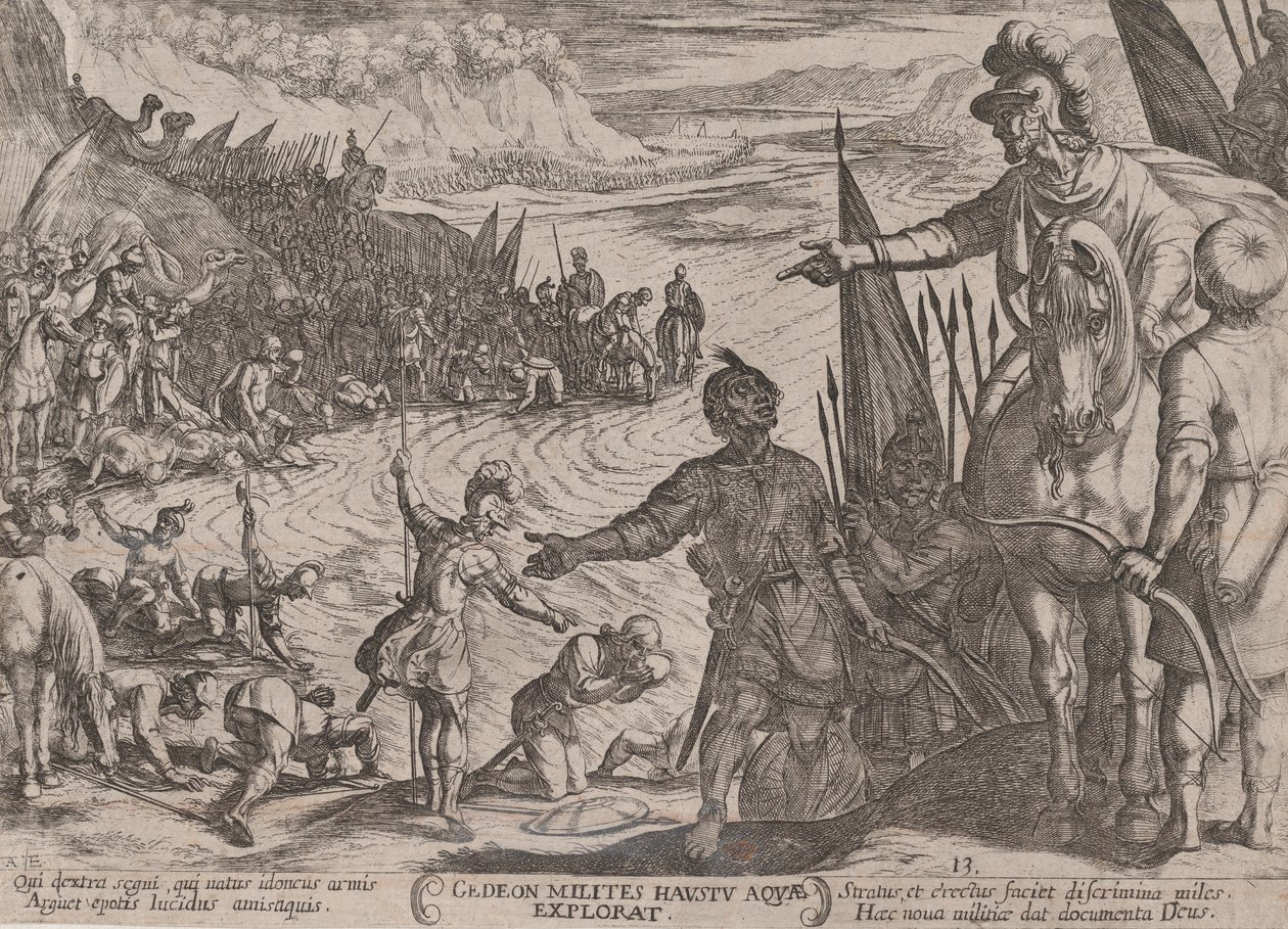 Tablica 13: Gedeon wybiera swoich żołnierzy, z „Bitwy Starego Testamentu…, ca. 1590-ok. 1610. autorstwa Antonio Tempesta