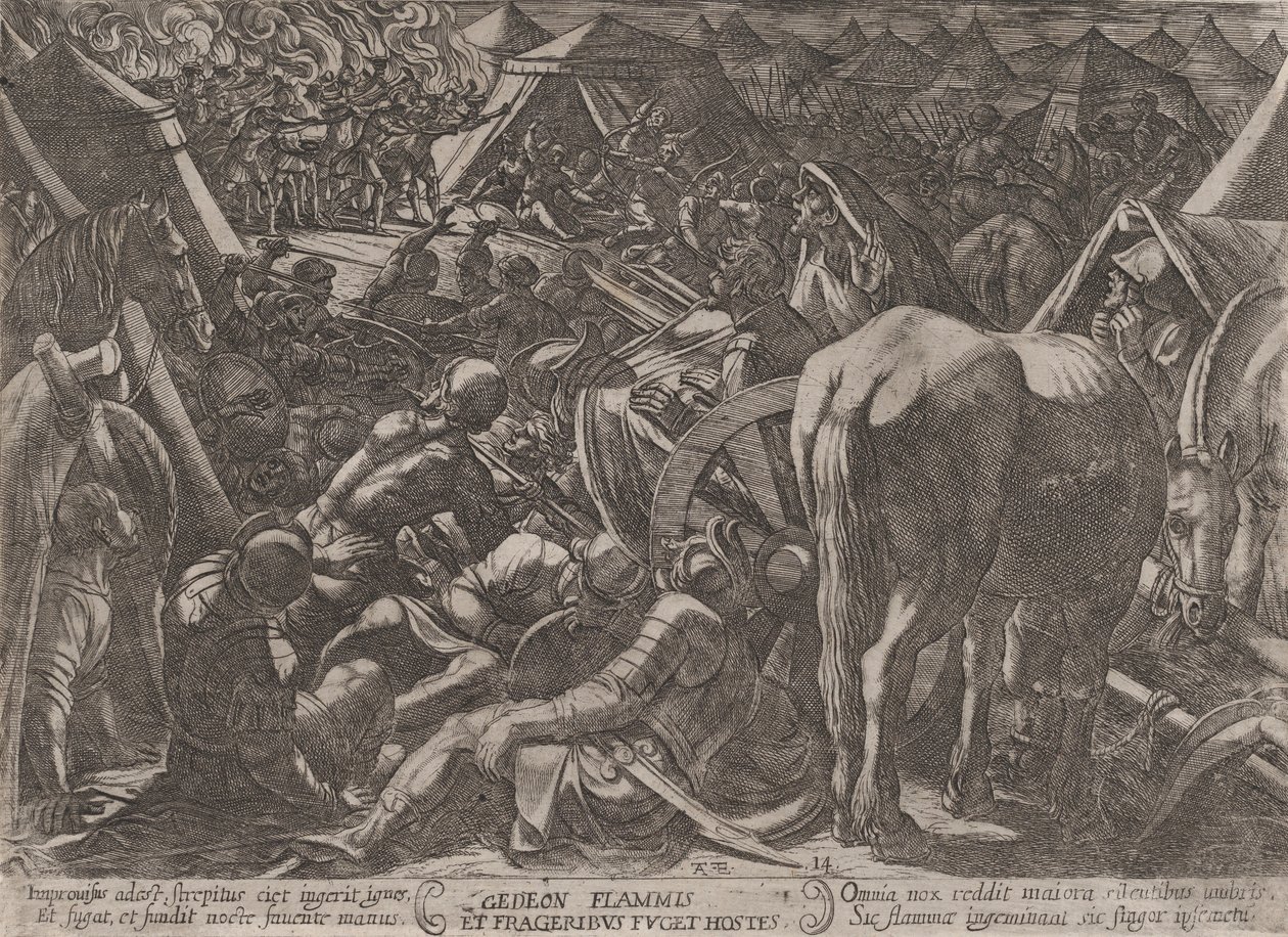 Płyta 14: Gedeon terroryzuje wrogi obóz, z „Bitwy Starej Tes...”, ca. 1590-ok. 1610. autorstwa Antonio Tempesta