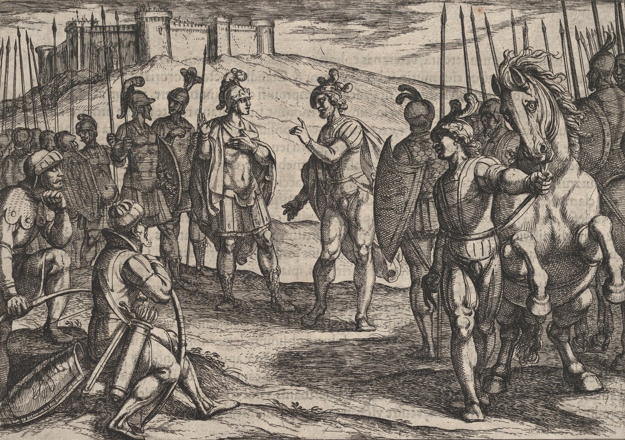 Ilustracja 15: Traktowanie cywili z rzymskim dowódcą, z Wojna Rzymian przeciwko ..., 1611. autorstwa Antonio Tempesta
