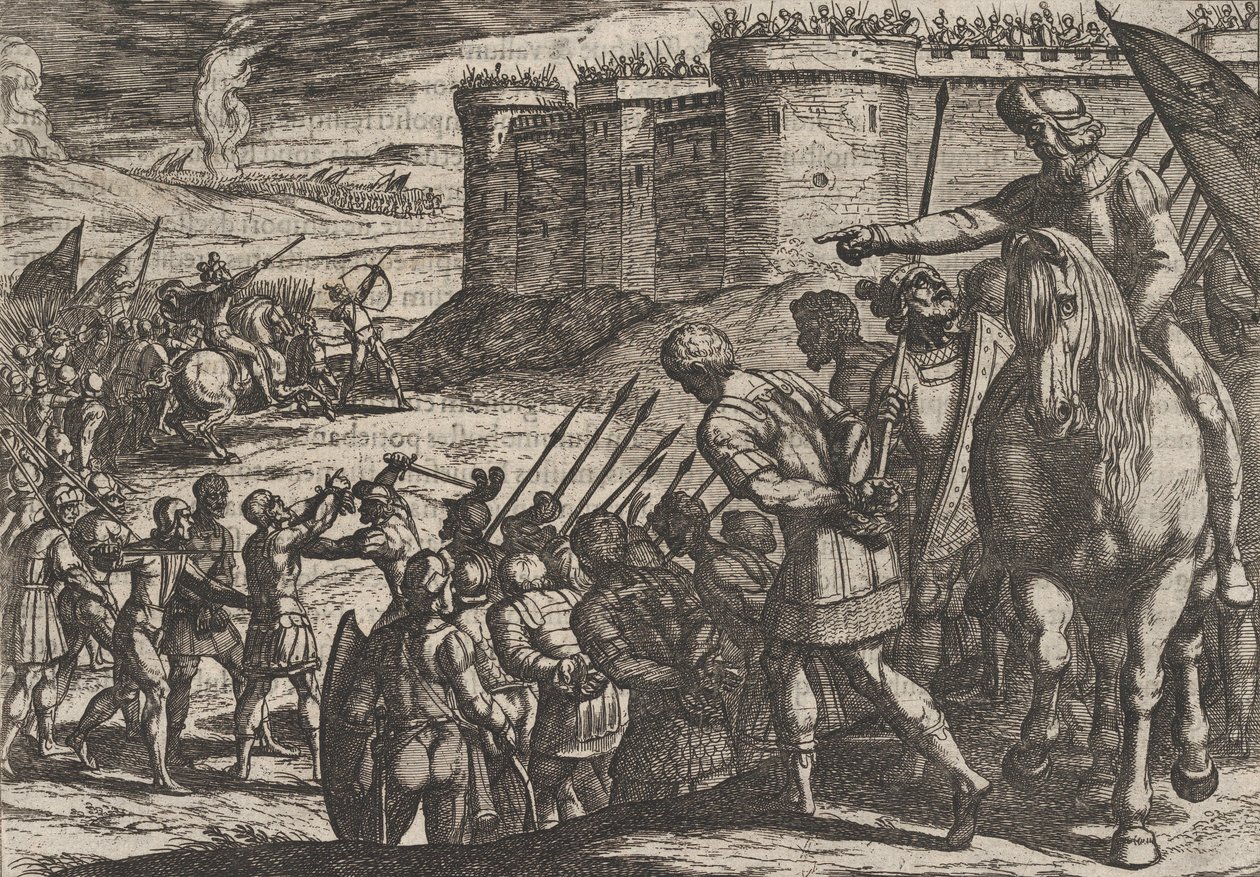 Tablica 16: Jeńcy rzymscy przed starą fortecą, z Wojna Rzymian przeciwko B..., 1611. autorstwa Antonio Tempesta
