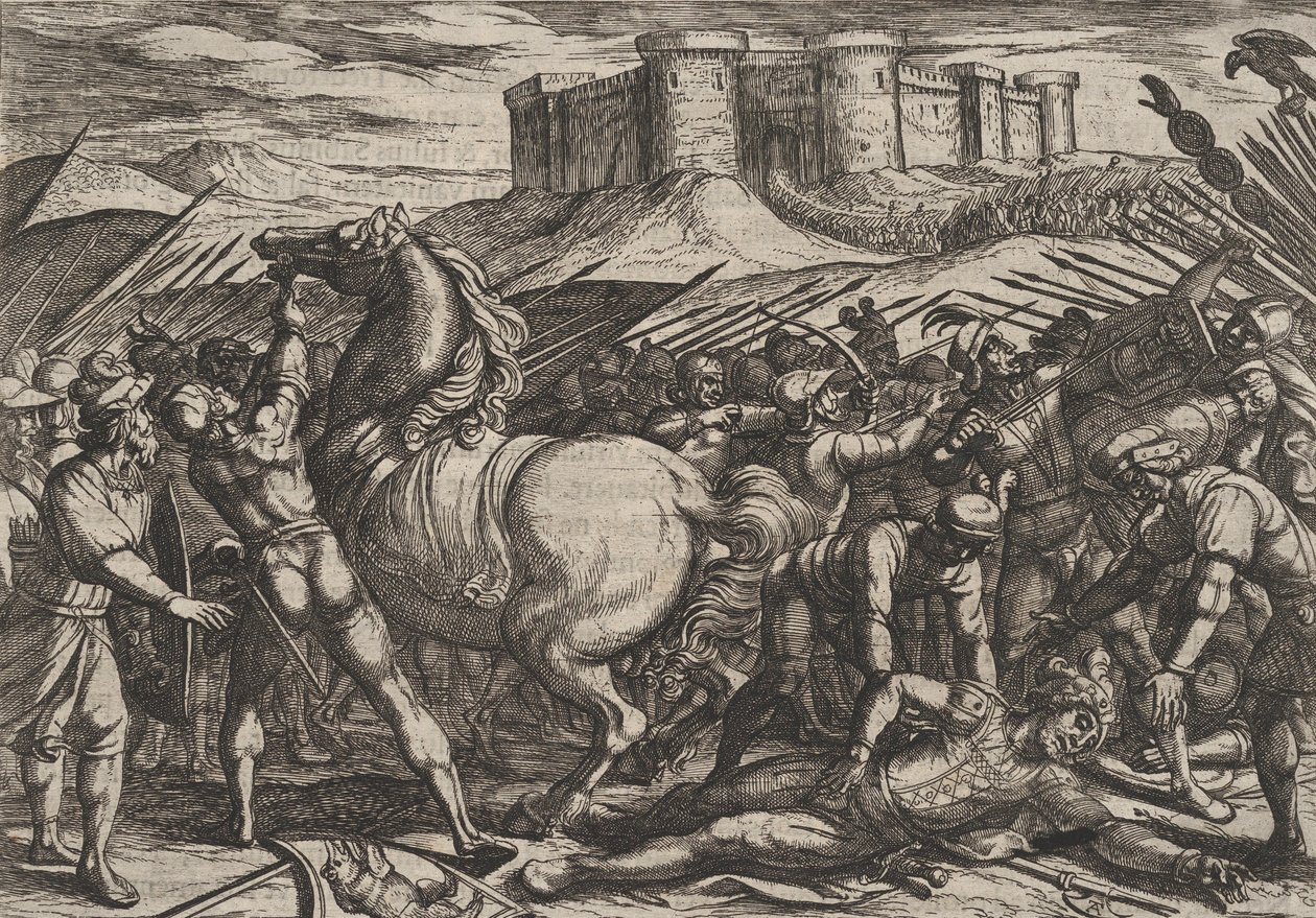 Ilustracja 17: Rzymianie zwiedzieni przez konia Cywilisa, aby uwierzyć, że był martwy lub ranny, z..., 1611. autorstwa Antonio Tempesta