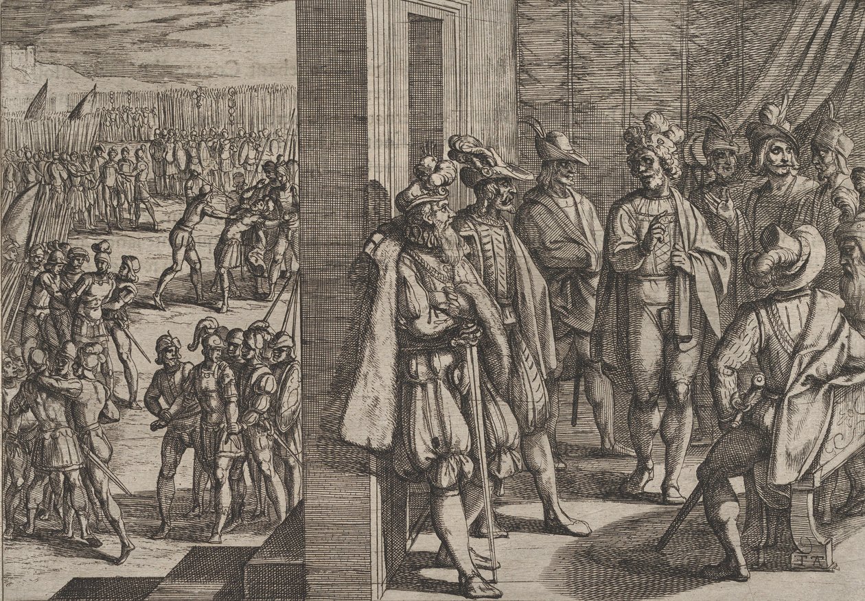 Tablica 18: Tajne spotkanie Cywilów z innymi przywódcami z Trewiru, z Wojny Rzymian..., 1611. autorstwa Antonio Tempesta