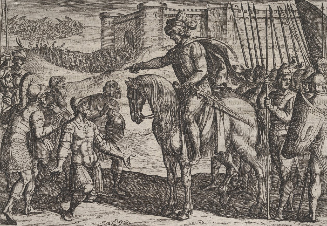 Obrazek 19: Ludzie z fortecy poddają się i przysięgają swoje życie Civilis, z Wojny…, 1611. autorstwa Antonio Tempesta