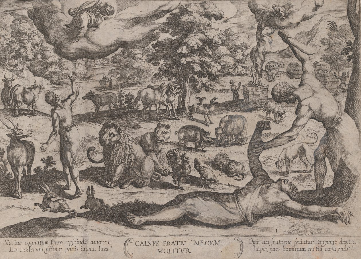Tablica 1: Kain zabija Abla, z „Bitwy Starego Testamentu”, ok. godz. 1590..., ca. 1590-ok. 1610. autorstwa Antonio Tempesta