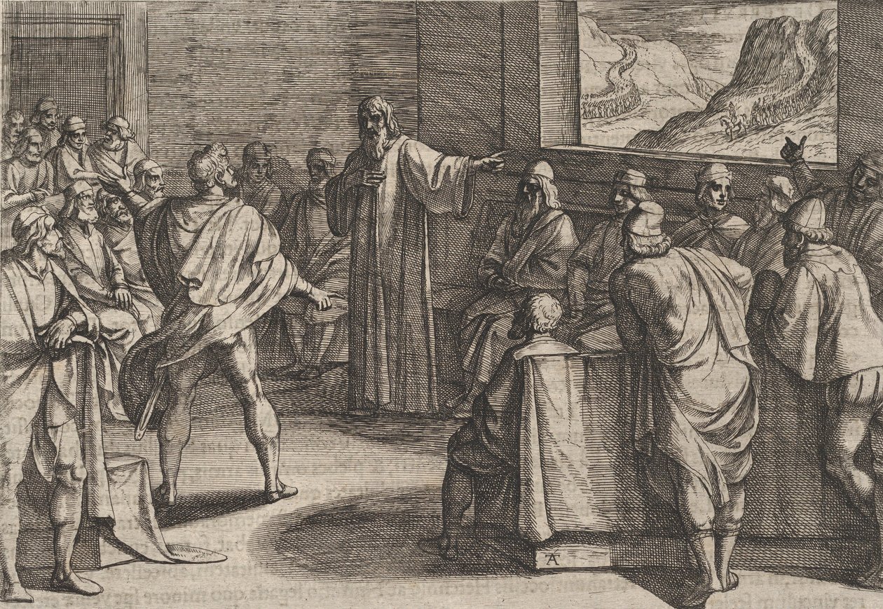 Płyta 23: Konferencja na temat kroków, jakie należy podjąć wobec nowych wojsk rzymskich zbliżających się przez ..., 1611. autorstwa Antonio Tempesta