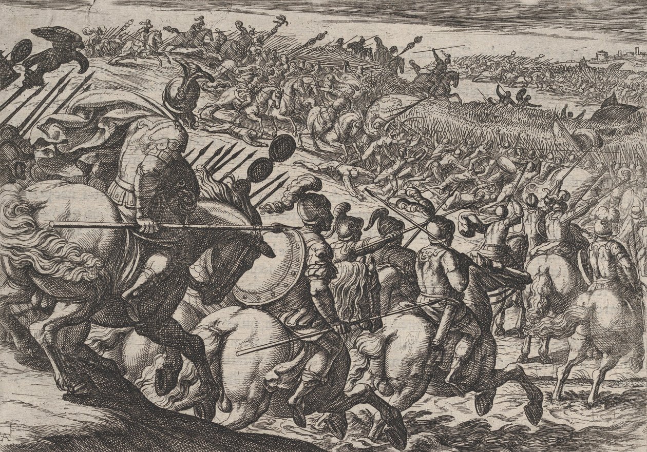 Ilustracja 25: Rzymski dowódca Cerialis atakuje w pobliżu Trewiru, z Wojna Rzymian Agai..., 1611. autorstwa Antonio Tempesta