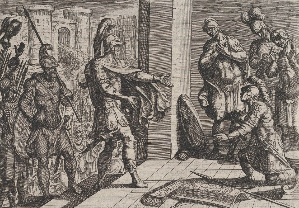Ilustracja 26: Cerialis przebacza i odciąża rzymskich żołnierzy, którzy pomogli Civilis, z The Wa..., 1611. autorstwa Antonio Tempesta