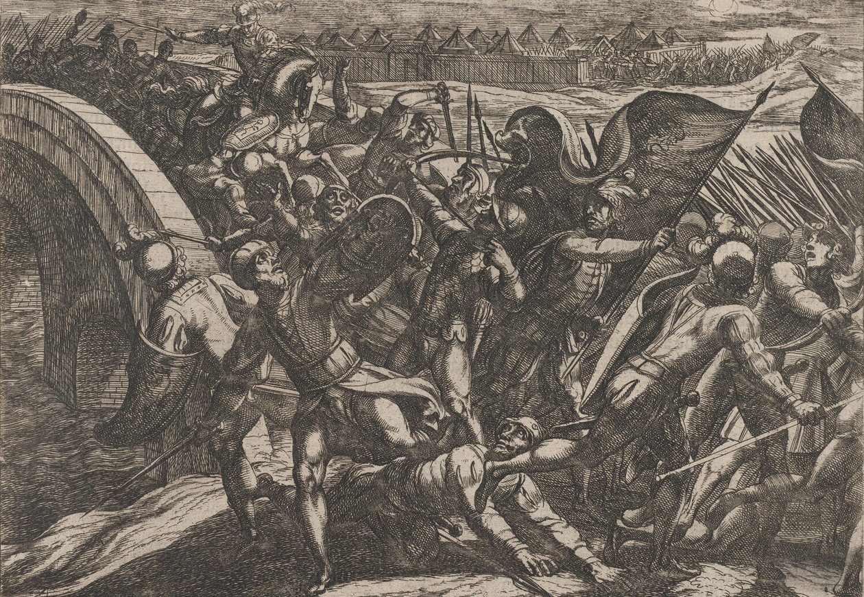 Ilustracja 27: Holendrzy podczas ataku z zaskoczenia na obóz rzymski nad Mozelą, z Wa..., 1611. autorstwa Antonio Tempesta