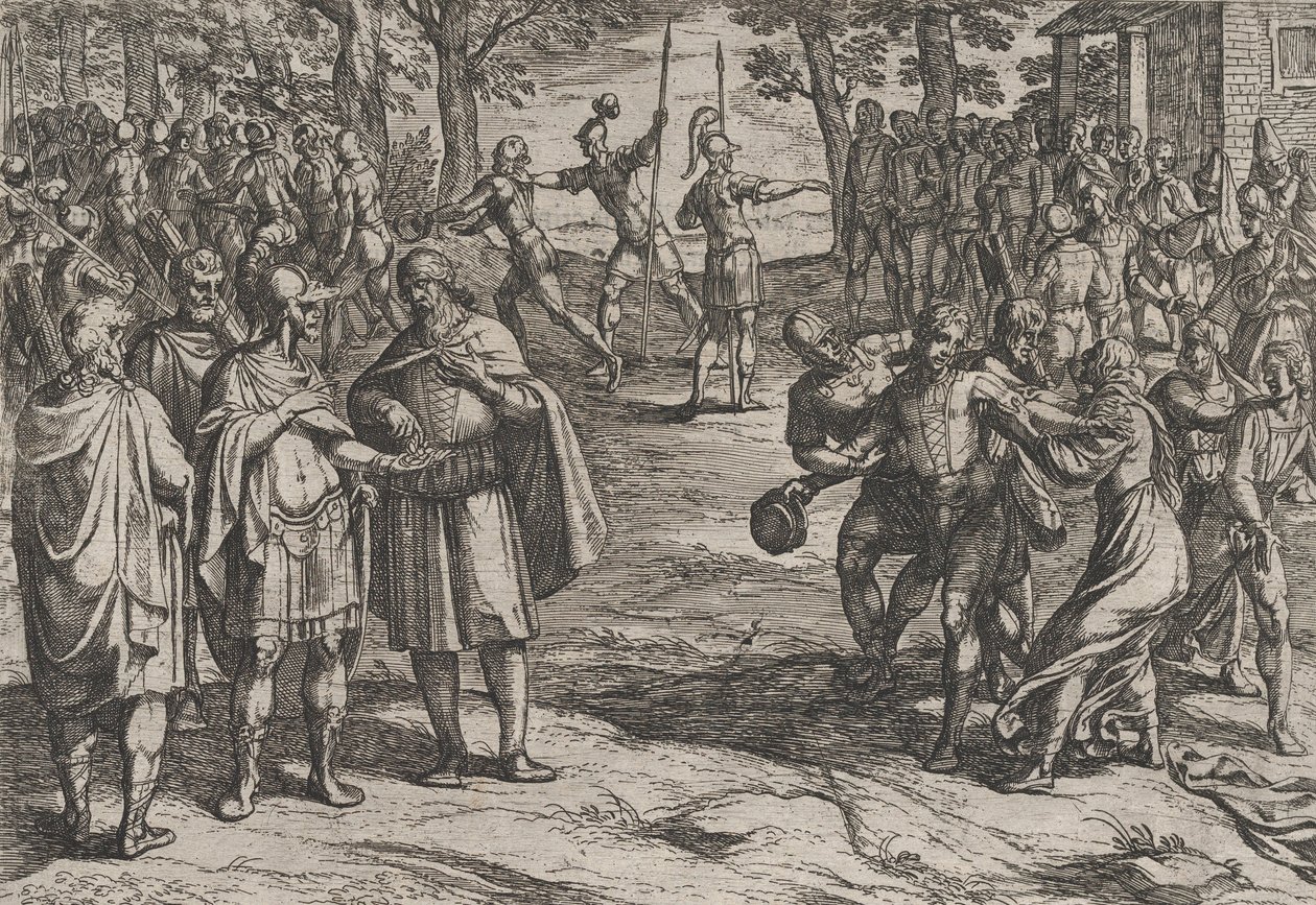 Ilustracja 2: Rzymianie biorący starych Holendrów jako zakładników i uwodzący młodych, z filmu Wojna..., 1611. autorstwa Antonio Tempesta