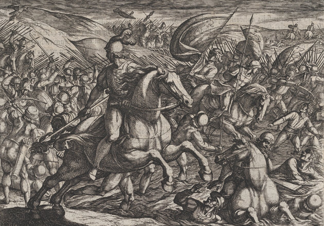 Tablica 30: Cerialis Pędzenie Holendrów do Renu, z „Wojna Rzymian przeciw th...”, 1611. autorstwa Antonio Tempesta