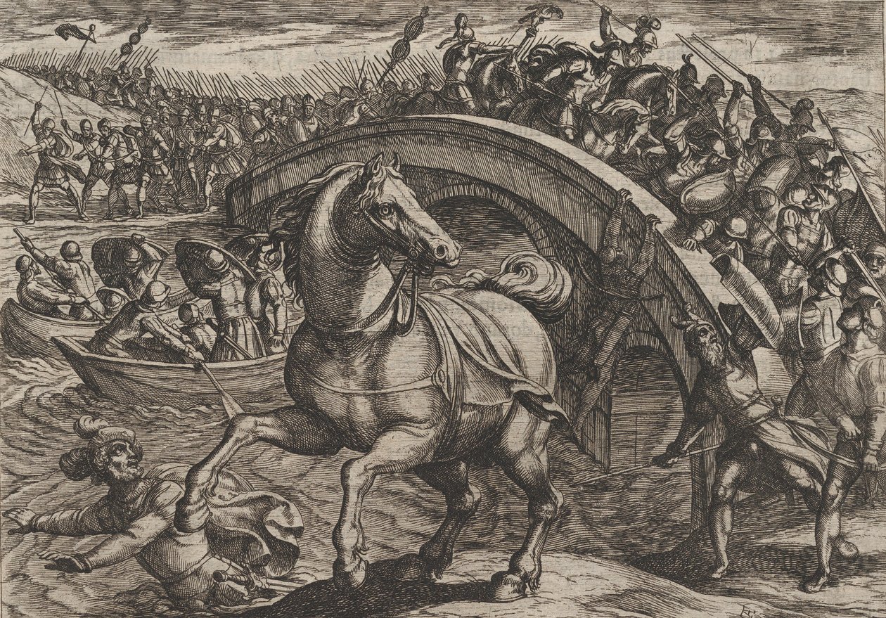 Płyta 31: Cywilis zmuszony do zsiadania i pływania przez rzekę, z Wojna Rzymian..., 1611. autorstwa Antonio Tempesta