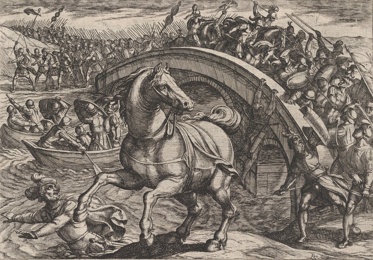 Płyta 31: Cywilis zmuszony do zsiadania i pływania przez rzekę, z Wojna Rzymian..., 1611. autorstwa Antonio Tempesta