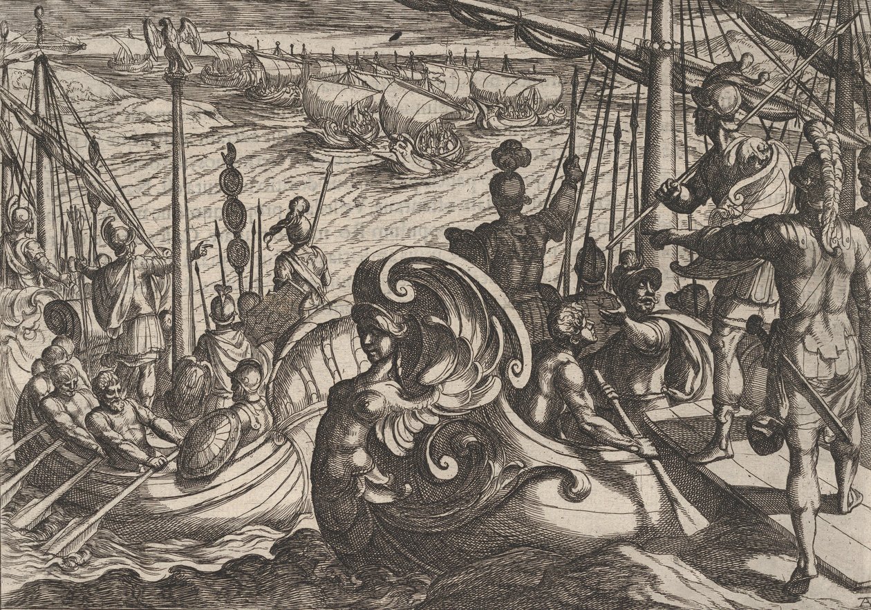 Tablica 33: Flotylle holenderskie i rzymskie nad Renem, z The War of the Romans Against the B..., 1611. autorstwa Antonio Tempesta