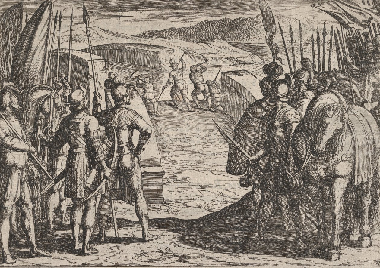 Tablica 35: Batawowie się boją i rozpoczynają rozmowy pokojowe, z Wojna Rzymian Ag..., 1611. autorstwa Antonio Tempesta
