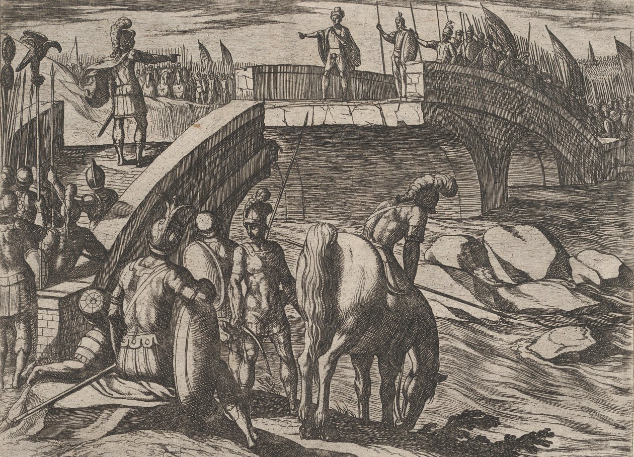 Płyta 36: Civilis i Cerialis spotykają się na zepsutym moście, aby osiągnąć porozumienie, z filmu Wojna o..., 1611. autorstwa Antonio Tempesta