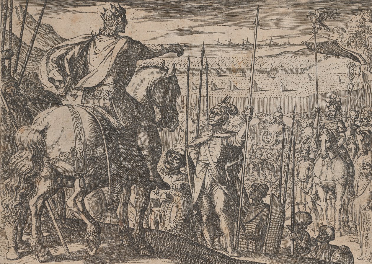 Ilustracja 3: Aleksander instruuje swoich żołnierzy, z Czynów Aleksandra Wielkiego, 1608. autorstwa Antonio Tempesta