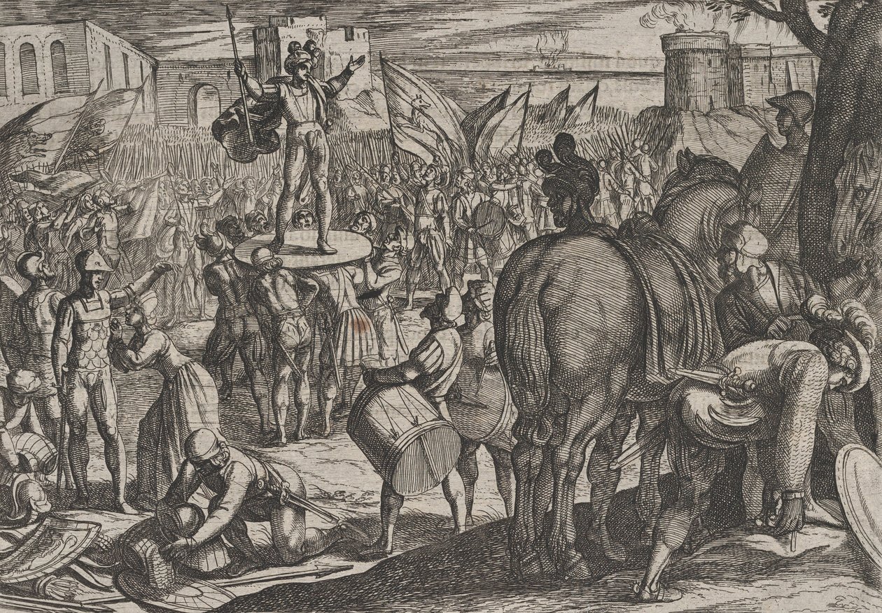 Płyta 5: Bruno mianowany przywódcą Caninefates, z Wojna Rzymian przeciwko…, 1611. autorstwa Antonio Tempesta