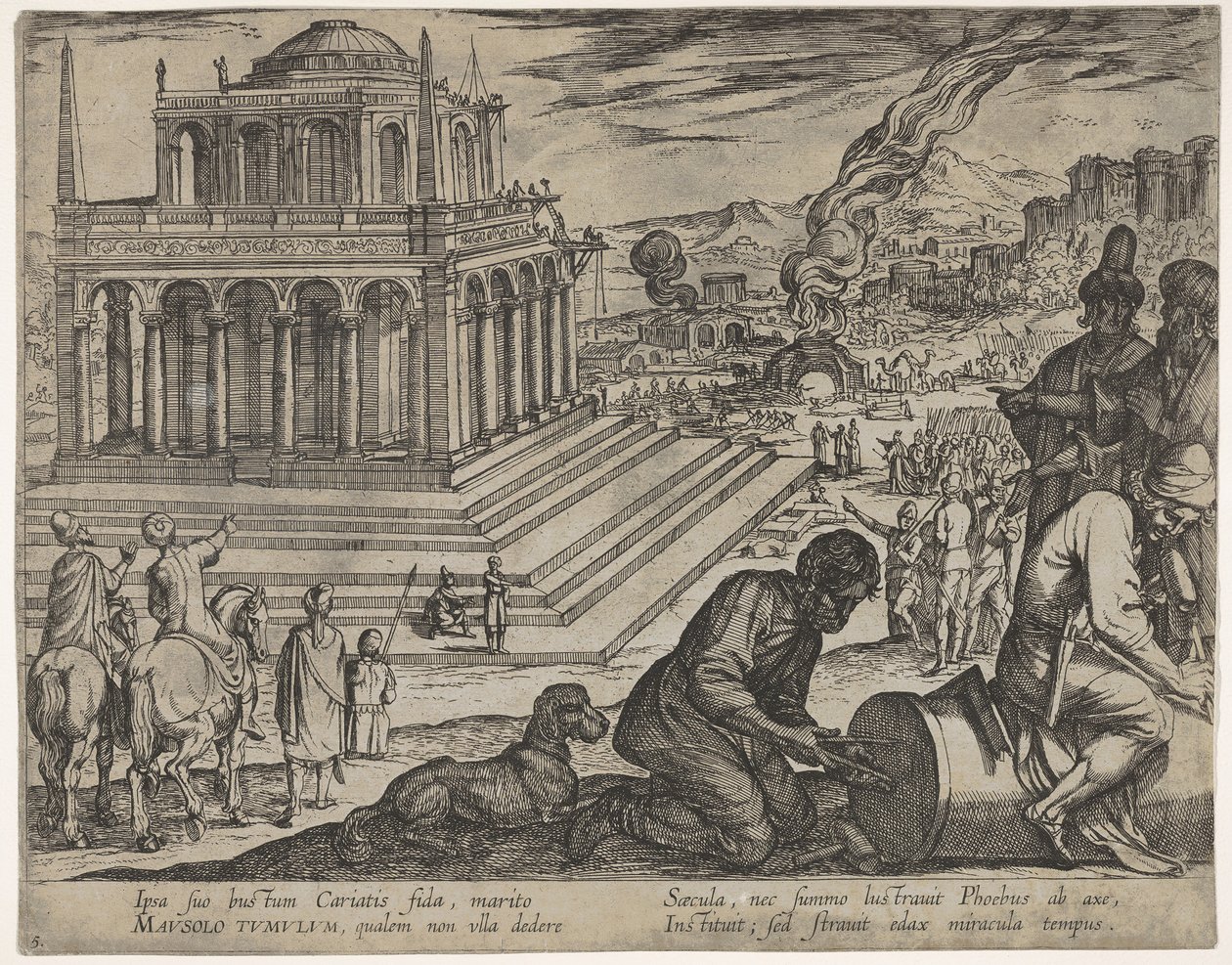 Tablica 5: Grobowiec Mausolus, kamieniarze tworzą kolumnę po prawej stronie z Siedmiu Cudów..., 1608. autorstwa Antonio Tempesta