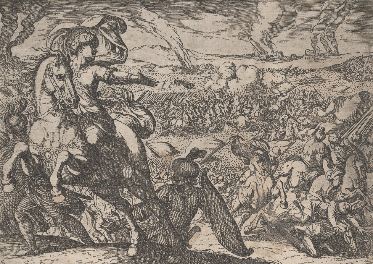 Płyta 6: Dariusz ucieka z pola bitwy, z Czyny Aleksandra Wielkiego, 1608. autorstwa Antonio Tempesta