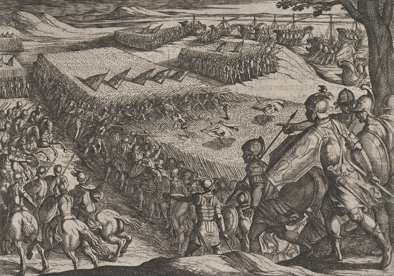 Tablica 6: Rzymianie pokonani w pobliżu Renu, z Wojna Rzymian z Batawami…, 1611. autorstwa Antonio Tempesta