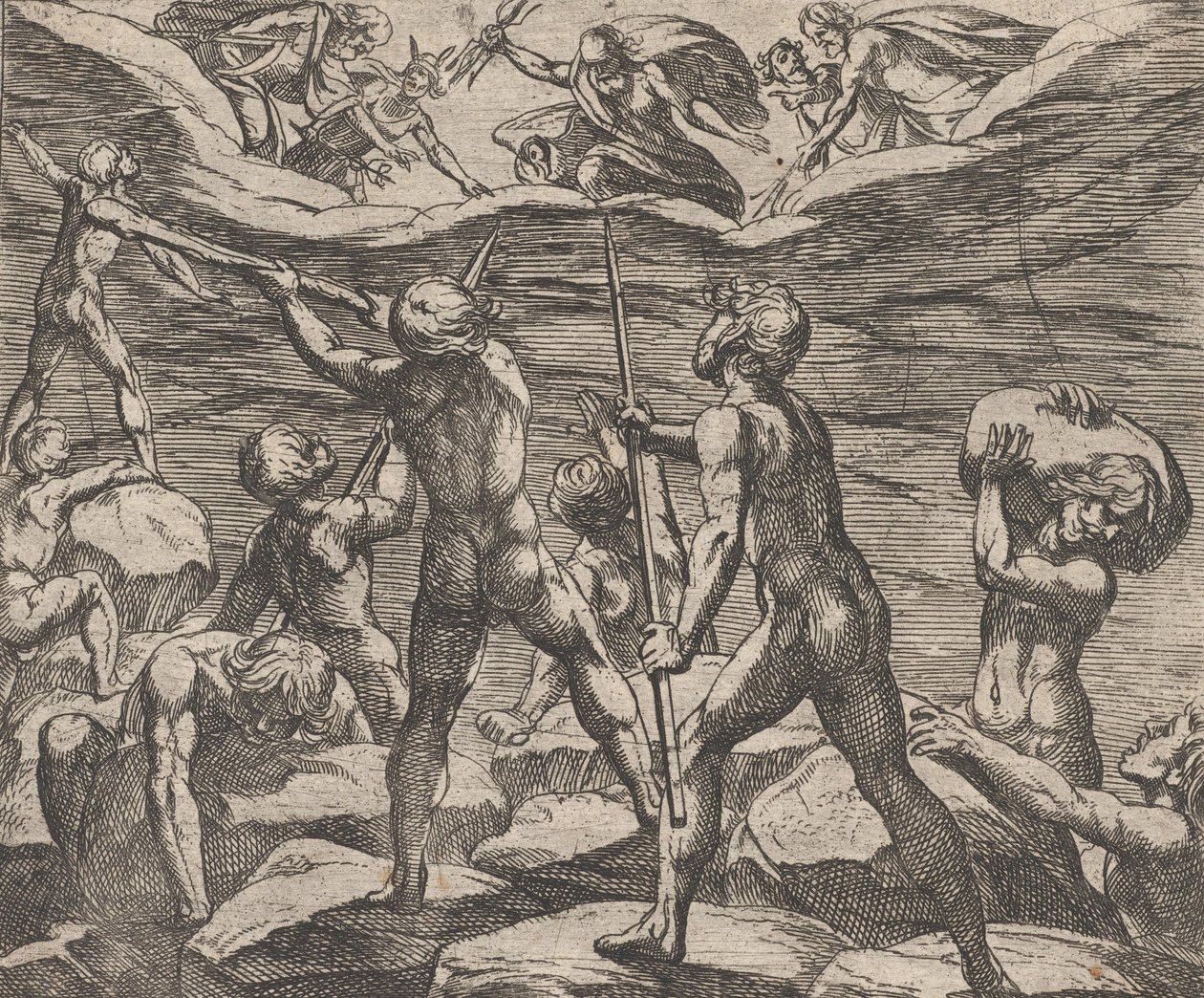 Tablica 6: Giganci próbują szturmować Olimp Gigantomachia, z „Metamorfozy...” Owidiusza, 1606. autorstwa Antonio Tempesta