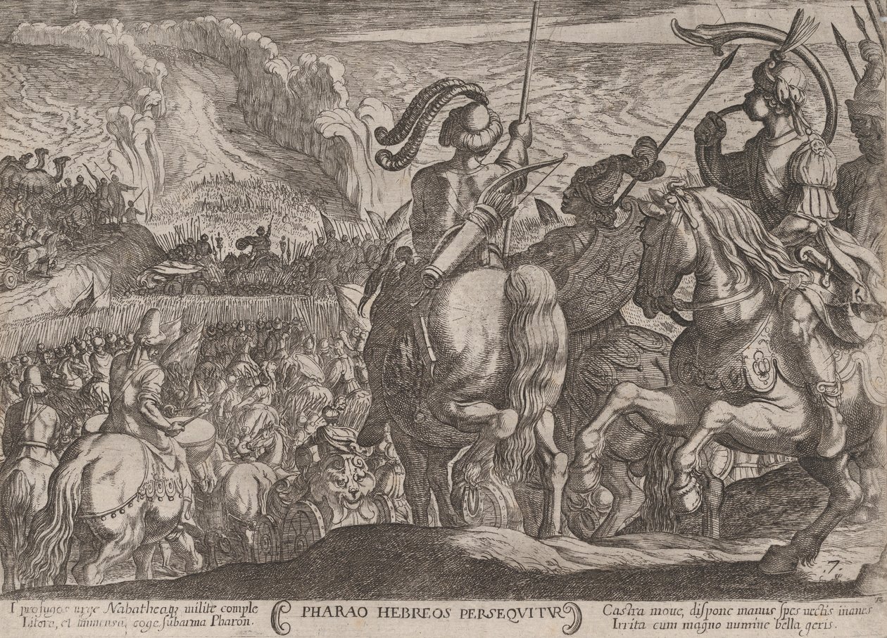 Ilustracja 7: Egipcjanie ścigający Izraelitów, z „Bitwy dawnych…, ca. 1590-ok. 1610. autorstwa Antonio Tempesta