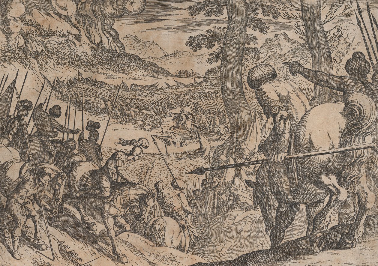 Ilustracja 8: Aleksander otacza wrogie oddziały ogniem, z Czyny Aleksandra ..., 1608. autorstwa Antonio Tempesta