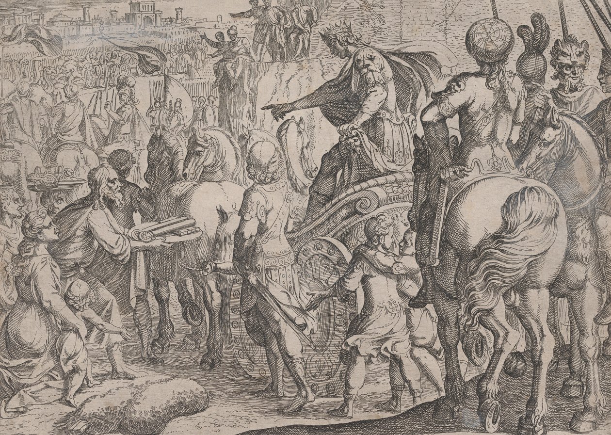 Tablica 9: Triumfalny wjazd Aleksandra do Babilonu, z Czynów Aleksandra Wielkiego, ..., 1608. autorstwa Antonio Tempesta
