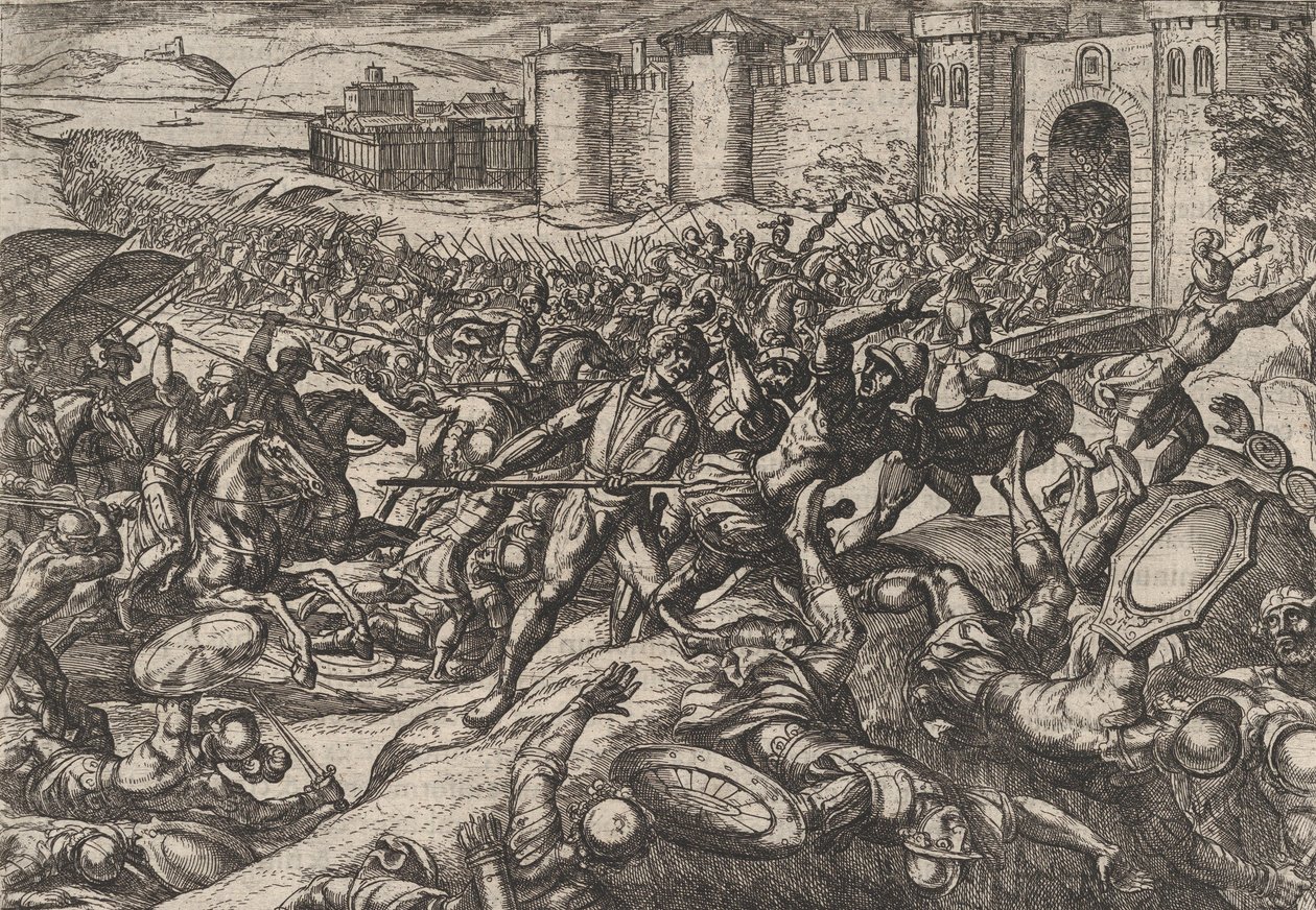 Ilustracja 9: Rzymianie pokonani przez oddziały holenderskie w Bonna, z Wojna Rzymian Agai..., 1611. autorstwa Antonio Tempesta