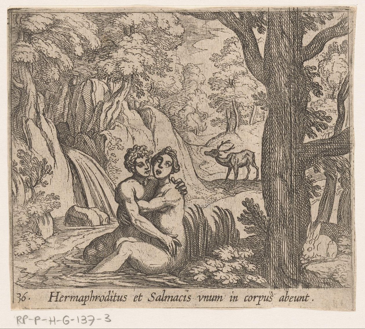 Salmacis i Hermafrodyt Hermafrodyt i Salmacjusz odchodzą jako jedno ciało (tytuł na obiekcie) Metamorfoza lub przekształcenia (tytuł serii) Metamorfosen van Ovidius (tytuł serii) autorstwa Antonio Tempesta