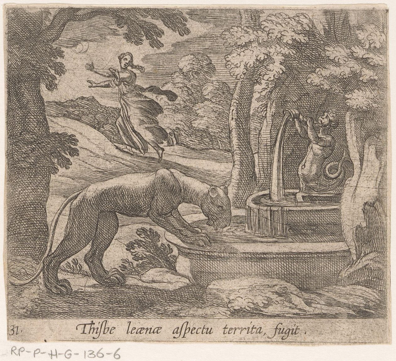 Thisbe vlucht voor leeuwin przez bron Ten aspekt terytorium fugit (tytuł na przedmiocie) Metamorfoza i transformacja (tytuł serii) Metamorfozy Owidiusza (tytuł serii) autorstwa Antonio Tempesta