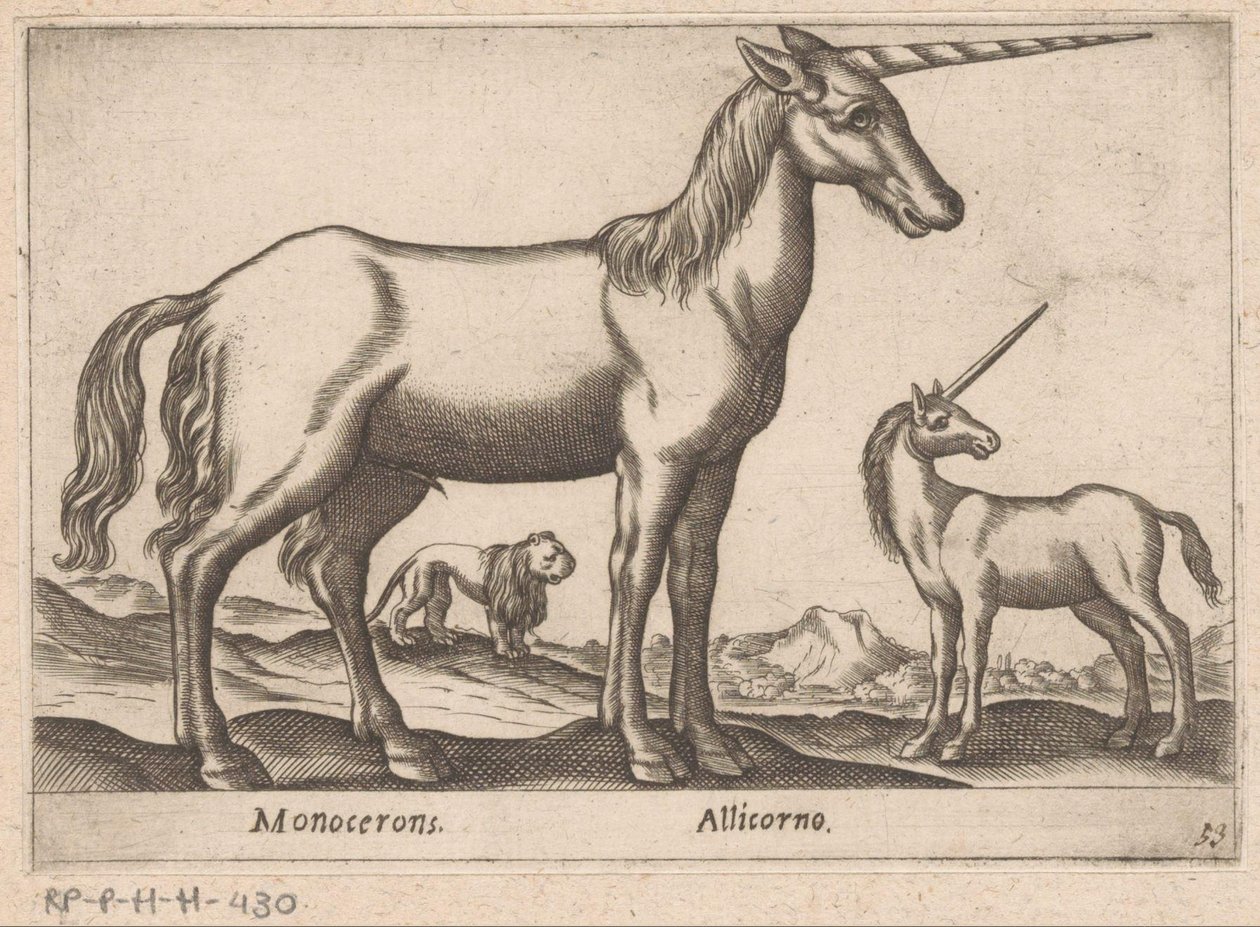Dwa jednorożce i lew Monoceron/ Allicorno (tytuł na obiekcie) Zwierzęta i mityczne stworzenia (tytuł serii) Nova raccolta de li animali piu curiosi del mondo (tytuł serii) autorstwa Antonio Tempesta