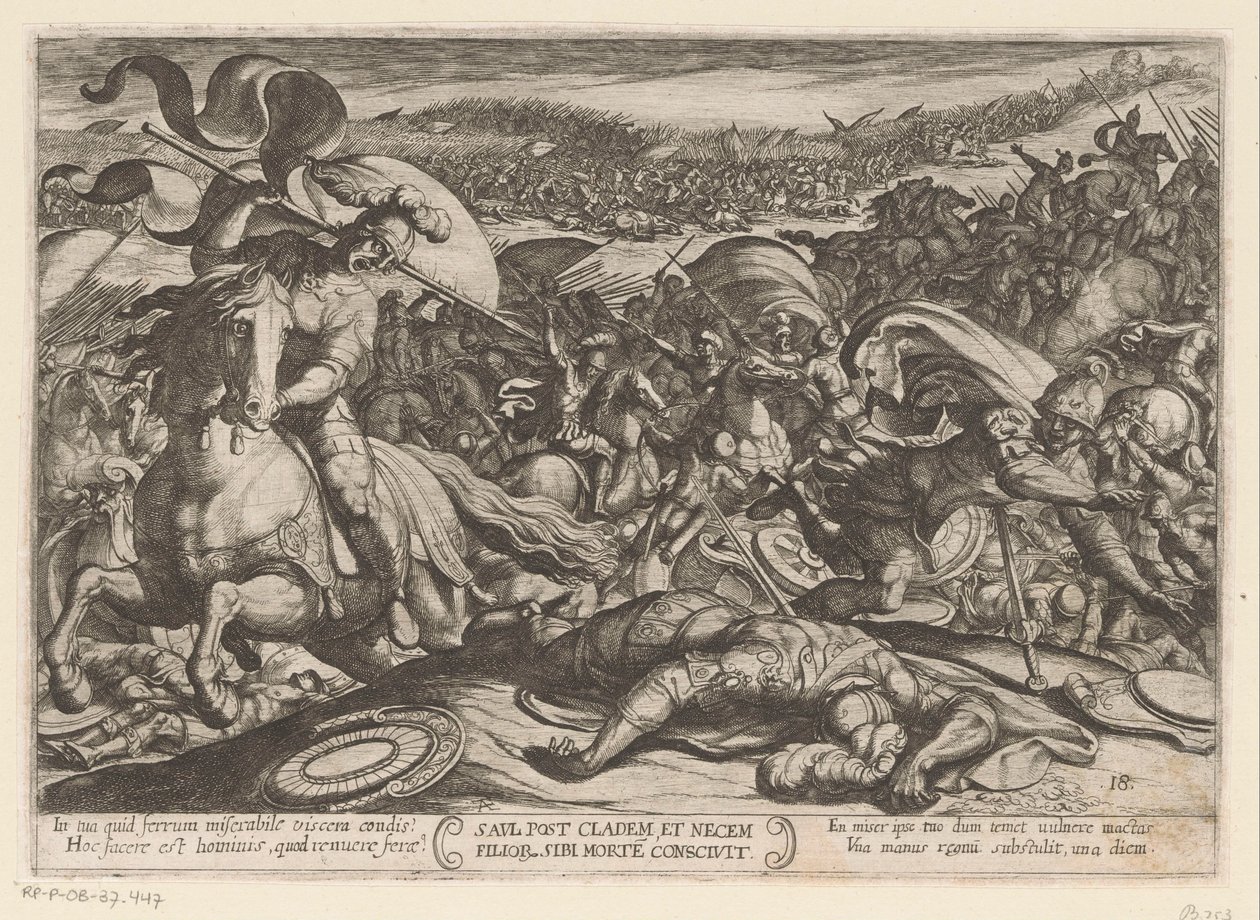 Samobójstwo Saula po jego klęsce z Filistynami Saul post cladem et necem fillor sibl morte conscivit (tytuł na obiekcie) Sceny batalistyczne ze Starego Testamentu (tytuł serii) autorstwa Antonio Tempesta
