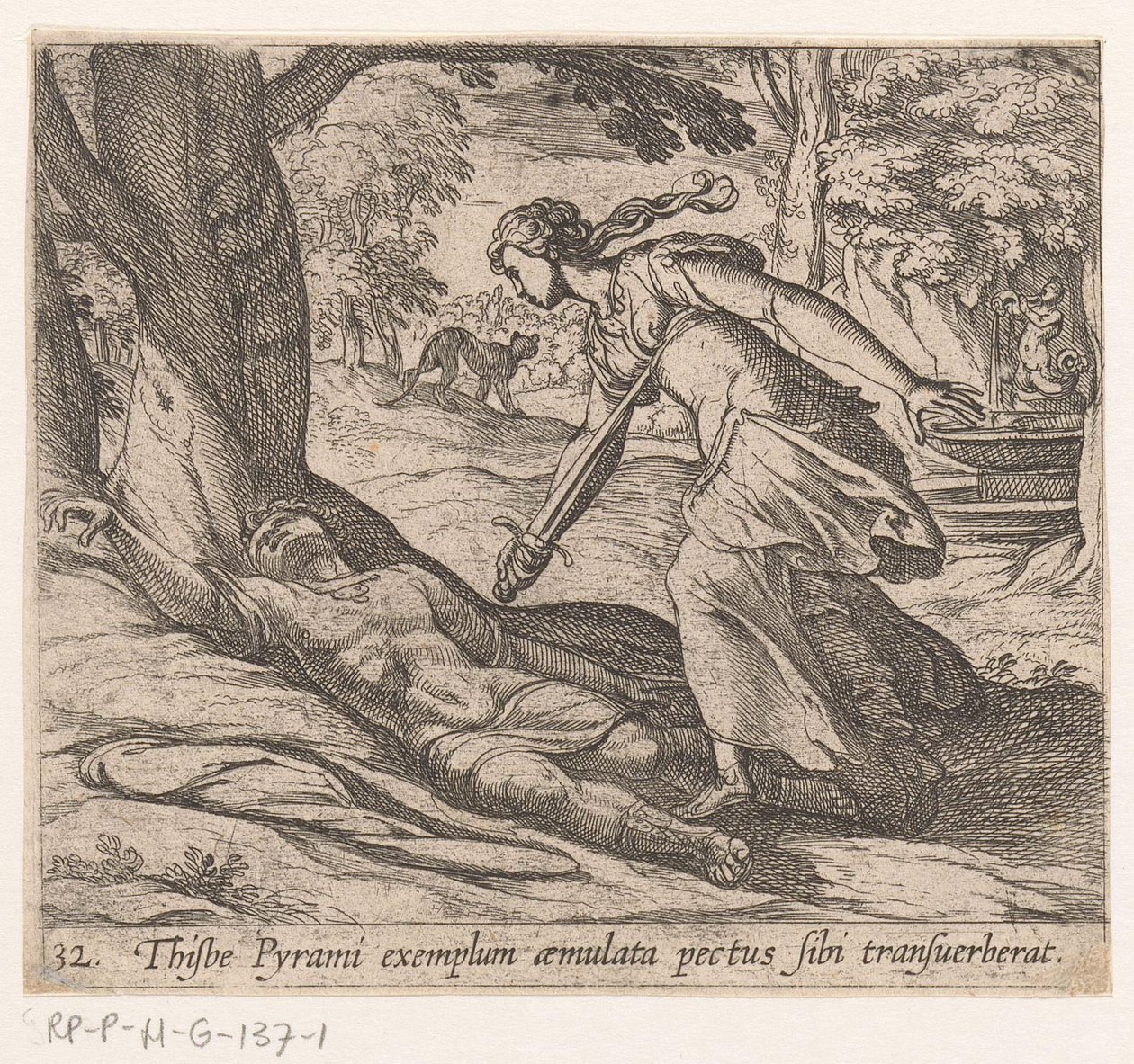 Zelfmoor van Thisbe Thijsbe przeciął pierś za przykładem Pyramusa (tytuł na obiekcie) Metamorfoza lub przekształcenia (tytuł serii) Metamorfosen van Ovidius (tytuł serii) autorstwa Antonio Tempesta