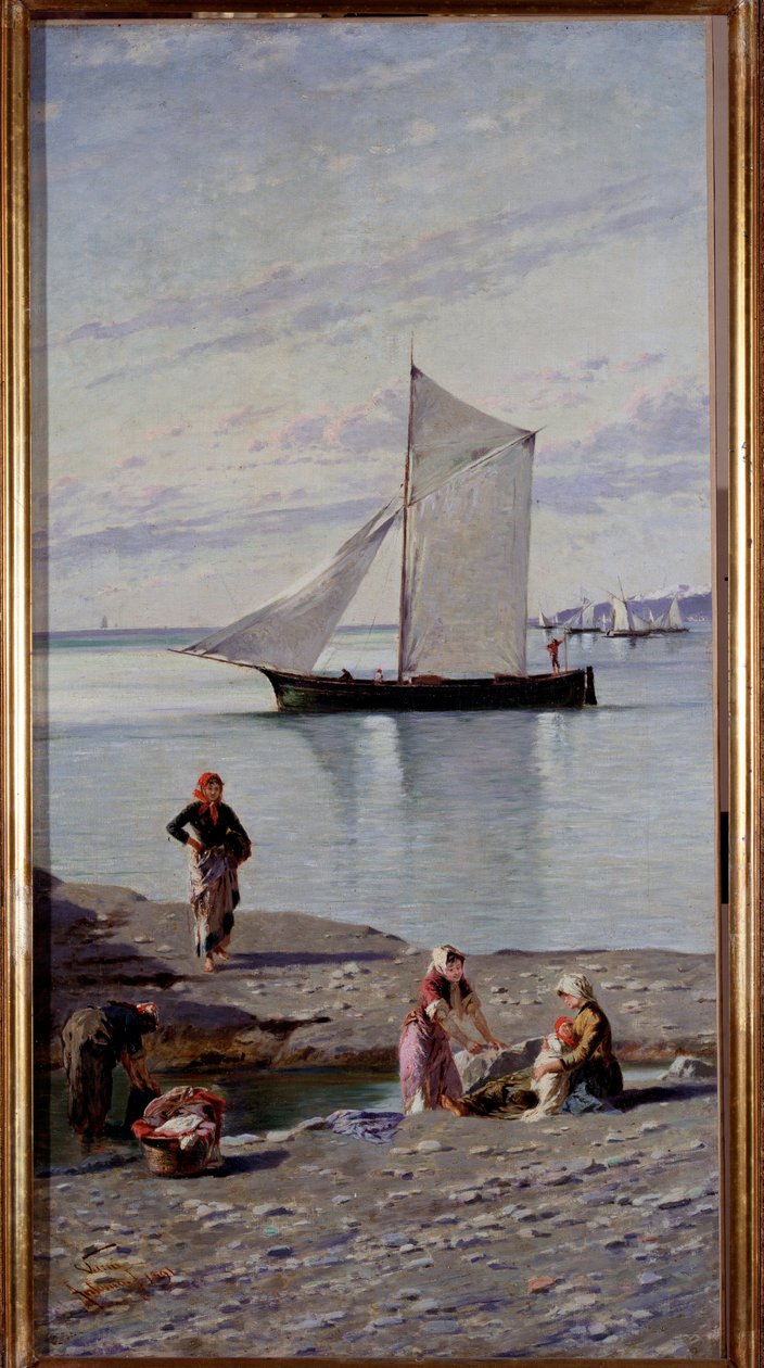 Lavandieres nad brzegiem rzeki Bisagno w pobliżu Genes, Włochy Obraz Antonio Varni (1841-1908) 1891 Genes, Galleria d