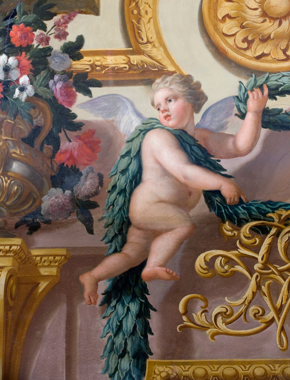 Fragment muralu przedstawiający cherubina trzymającego wieniec laurowy i girlandę, Dom Bankietowy autorstwa Antonio Verrio