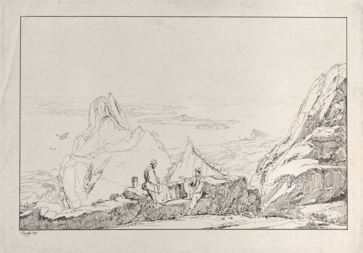 Górzysty krajobraz z dwoma mężczyznami na pierwszym planie, 1828. autorstwa Antonio Vianello