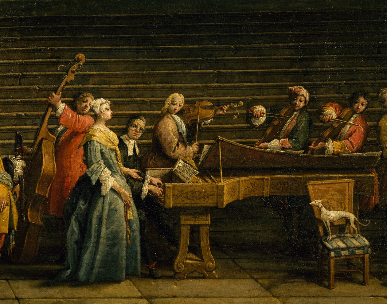 Koncert w willi, przez Antonio Visentini (1688-1782), fortepian i skrzypce, olej na płótnie, 207x320, Włochy autorstwa Antonio Visentini