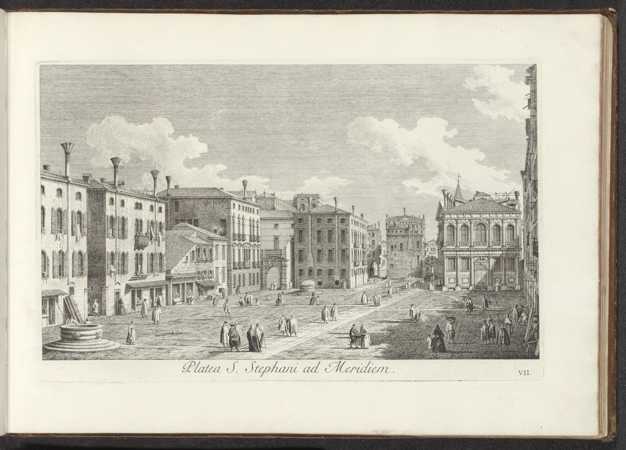 Gezicht op Campo Santo Stefano te Venetië Plac św. Szczepana na południe (tytuł na obiekcie) Gezichten op bugemenen en pleinen in Venetië (tytuł serii) Najsłynniejsze widoki Wenecji z 38 paneli Kanału Antoniusza, wydrukowane na mosiądzu przez Antonio Viss autorstwa Antonio Visentini