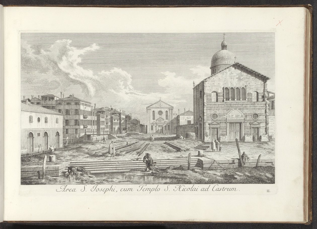 Gezicht op de Chiesa di San Giuseppe di Castello te Venetië Rejon św. Józefa, ze Świątynią św. Mikołaja na Zamku (tytuł na obiekcie) Gezichten op bugemenen en pleinen in Venetië (tytuł serii) Bardziej znane widoki Wenecji z obrazów Antoniusa Canal autorstwa Antonio Visentini