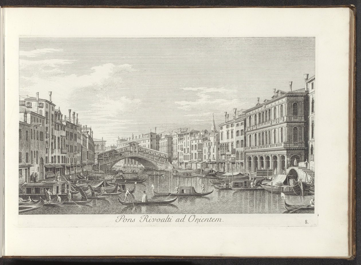 Gezicht op het Canal Grande en de Rialtobrug te Venetië Most Rivoalti na wschód (tytuł na obiekcie) Najsłynniejsze widoki Wenecji z 38 paneli Antoniusa Canal, wydrukowane na mosiądzu przez Antonio Vissentiniego, podzielone na trzy części. druga część (ser autorstwa Antonio Visentini