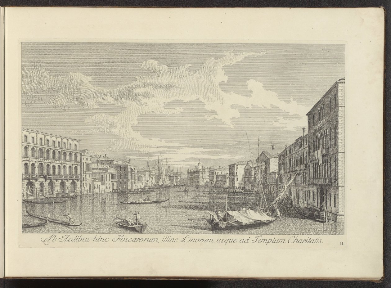Gezicht op het Canal Grande te Venetië Od domów Foscarów po tej stronie, po drugiej stronie Linos, aż do Świątyni Miłosierdzia (tytuł na obiekcie) Najsłynniejsze widoki Wenecji z 38 paneli Antoniusa Canal, wydrukowane na mosiądzu przez Antonio Vissentinieg autorstwa Antonio Visentini