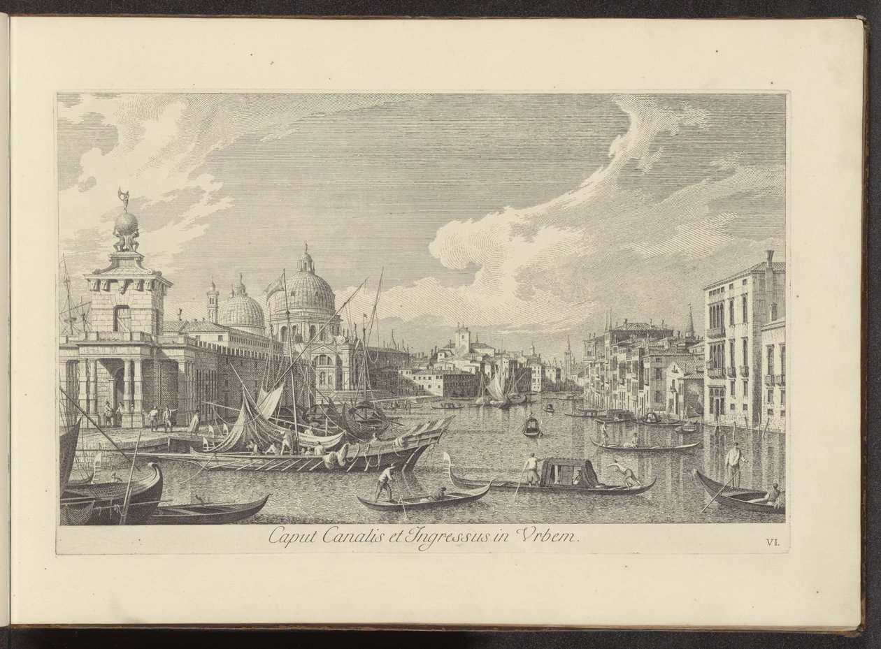 Gezicht op het Canal Grande te Venetië Głowica Kanału i Wejście do Miasta (tytuł na obiekcie) Najsłynniejsze widoki Wenecji z 38 paneli Antoniusa Canal, wydrukowane na mosiądzu przez Antonio Vissentiniego, podzielone na trzy części. część pierwsza (tytuł s autorstwa Antonio Visentini
