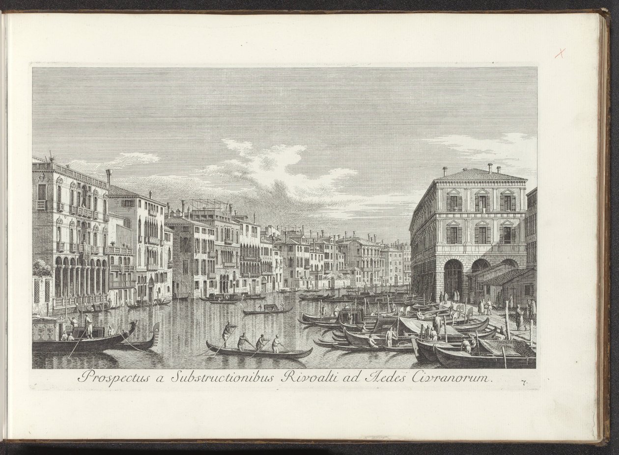 Gezicht op het Canal Grande te Venetië Widok z podbudów Rivoalti na Aedes Civranorum (tytuł na obiekcie) Najsłynniejsze widoki Wenecji z 38 paneli Antoniusa Canal, wydrukowane na mosiądzu przez Antonio Vissentiniego, podzielone na trzy części. p autorstwa Antonio Visentini